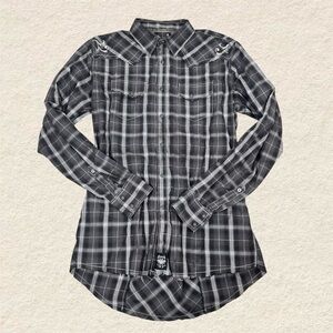 Rock 47 Mens Y2K Grunge Gray Plaid Snap-Up Long Sleeve Shirt